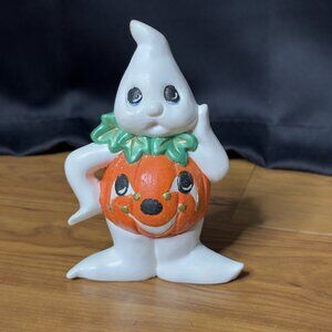 Vintage Ceramic Painted Ghost Pumpkin Jack O Lantern Kitsch Figurine Halloween